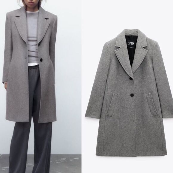 Zara Wool Blend Midi Length Collared Light Grey Dress Coat Size Small - Picture 1 of 12